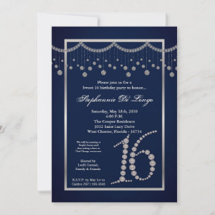 5x7 Navy Blue Diamond Sweet 16 Birthday Invitation