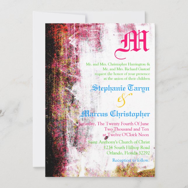 5x7 Neon Grunge Scratch Colour Wedding Invitation (Front)