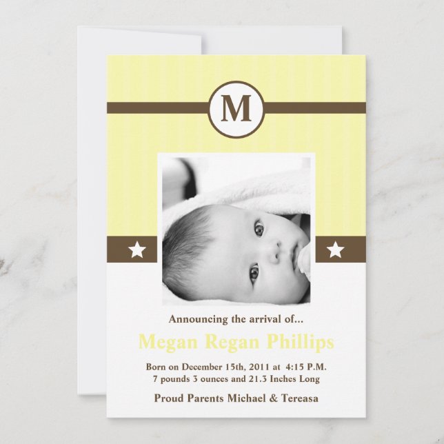 5x7 Neutr Yellow Monogram PHOTO Birth Announcement (Front)