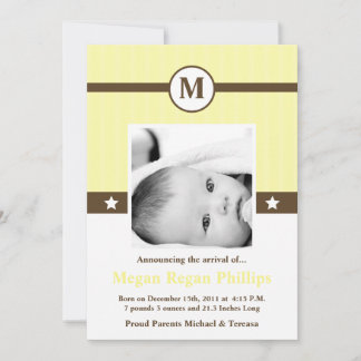 5x7 Neutr Yellow Monogram PHOTO Birth Announcement