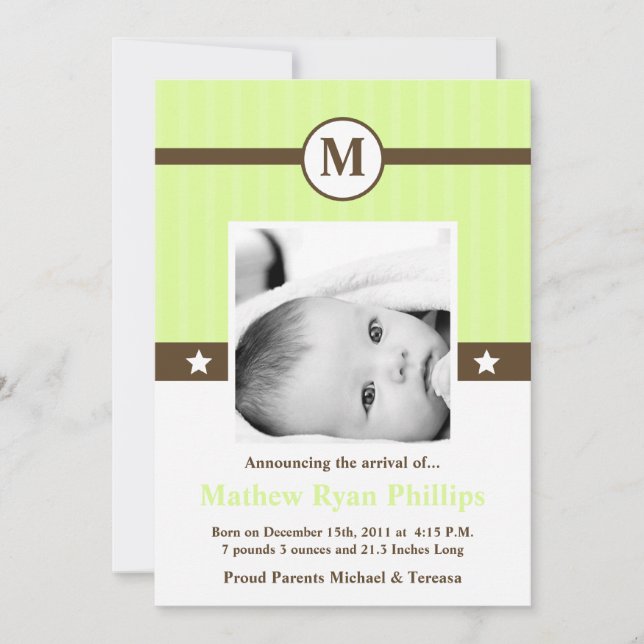 5x7 Neutra Green Monogram PHOTO Birth Announcement (Front)
