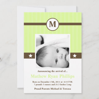 5x7 Neutra Green Monogram PHOTO Birth Announcement
