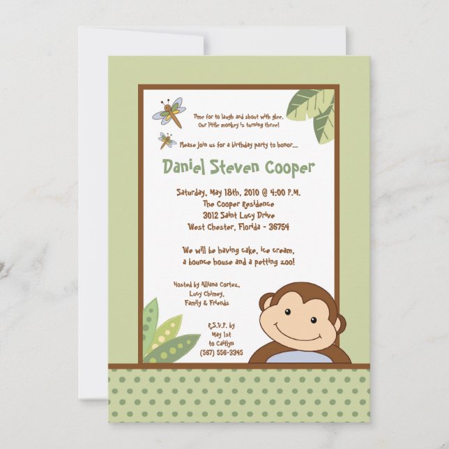 5x7 Neutral Papgayo Monkey Birthday Invitation (Front)