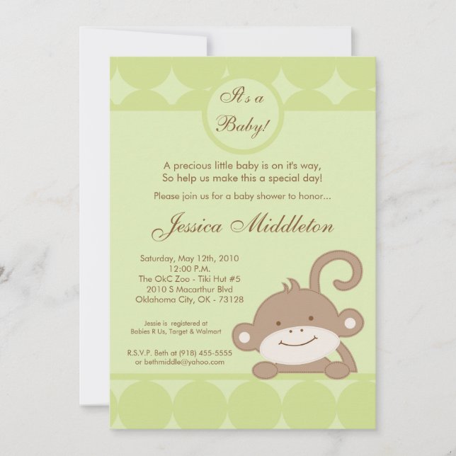 5x7 Neutral PolkaDot Monkey Baby Shower Invitation (Front)