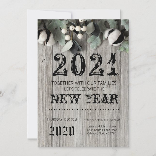 5x7  New Years Eve Invitation cotton plant berries (Front)