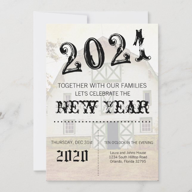 5x7  New Years Eve Invitation Sunset Barn Country (Front)