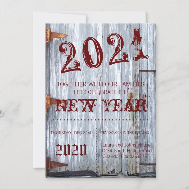 5x7  New Years Eve Invitation White Wash Wood Barn (Front)