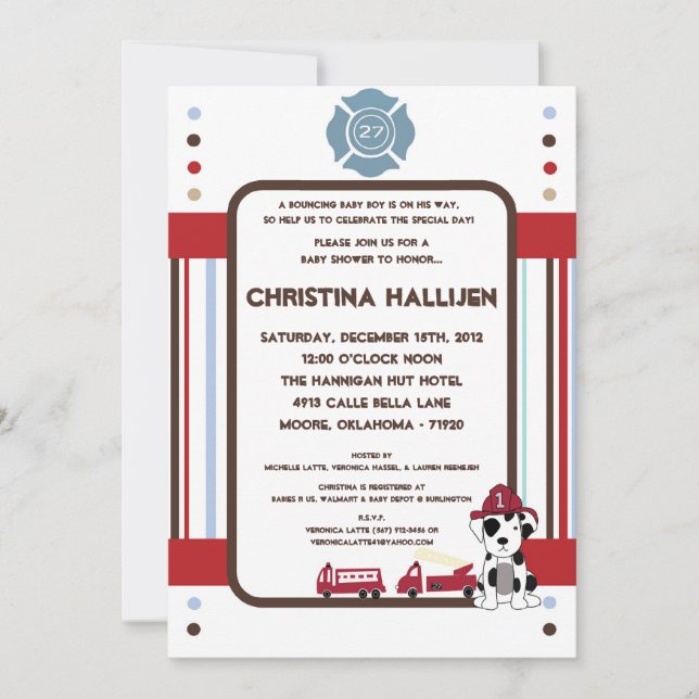 5x7 Nojo Fire Engine Baby Shower Invitation (Front)