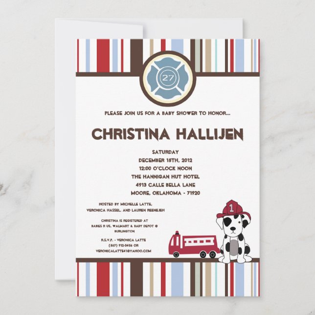 5x7 Nojo Fire Engine Baby Shower Invitation (Front)