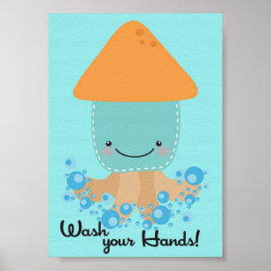 5x7 Ocean Squid Wash Your Hands Bathroom Wall Art