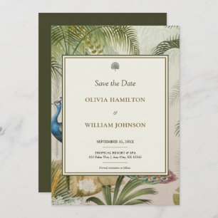 5x7 Olive Green Tropical Peacock Palm Wedding Save The Date