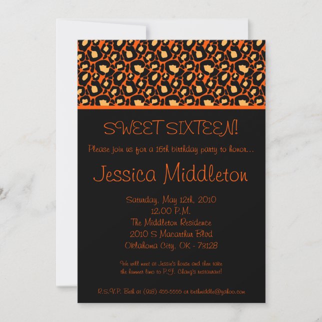 5x7 Orange Cheetah 16th Birthday Invitation (Front)