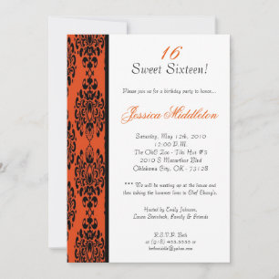 5x7 Orange Damask Lace Birthday Party Invitation