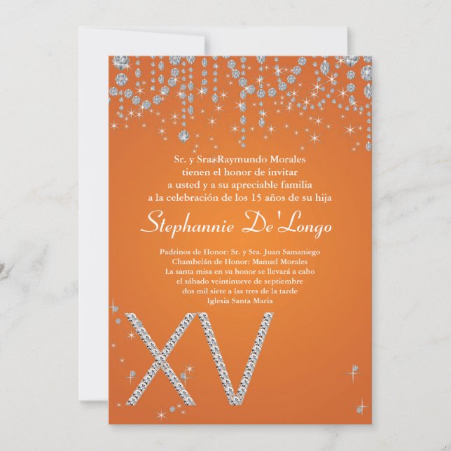 5x7 Orange Diamond Quinceanera Birthday Invitation (Front)