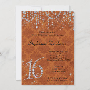 5x7 Orange Diamond Sweet 16 Birthday Invitation