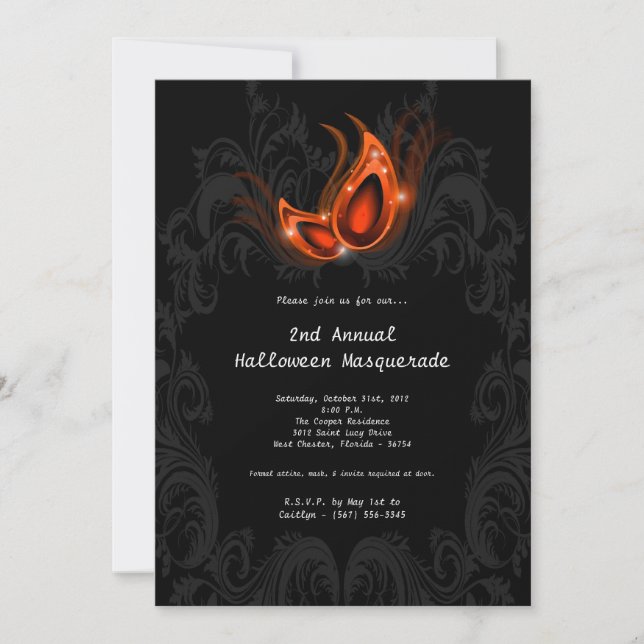 5x7 Orange Masquerade Halloween Costume Invitation (Front)