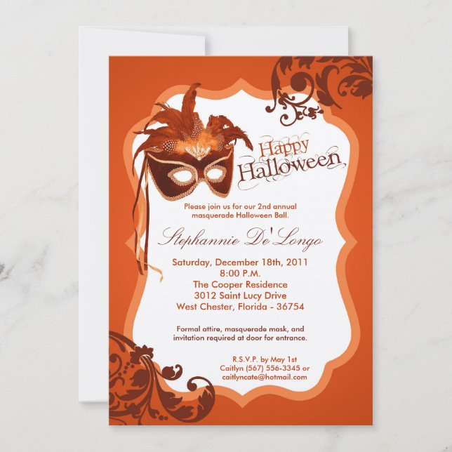 5x7 Orange Masquerade Mask Halloween Invitation (Front)