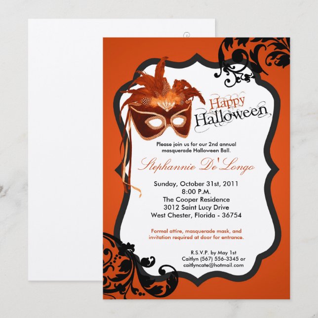 5x7 Orange Masquerade Mask Halloween Invitation (Front/Back)