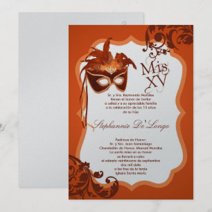 5x7 Orange Masquerade Mask Quinceanera Invitation