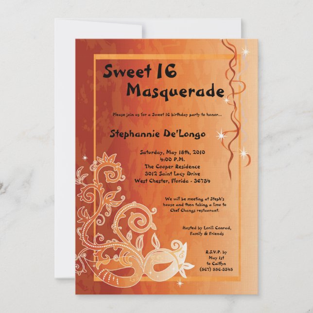 5x7 Orange Masquerade Sweet 16 Birthday Invitation (Front)