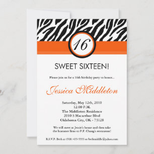 5x7 Orange Zebra Print 16th Birthday Invitation