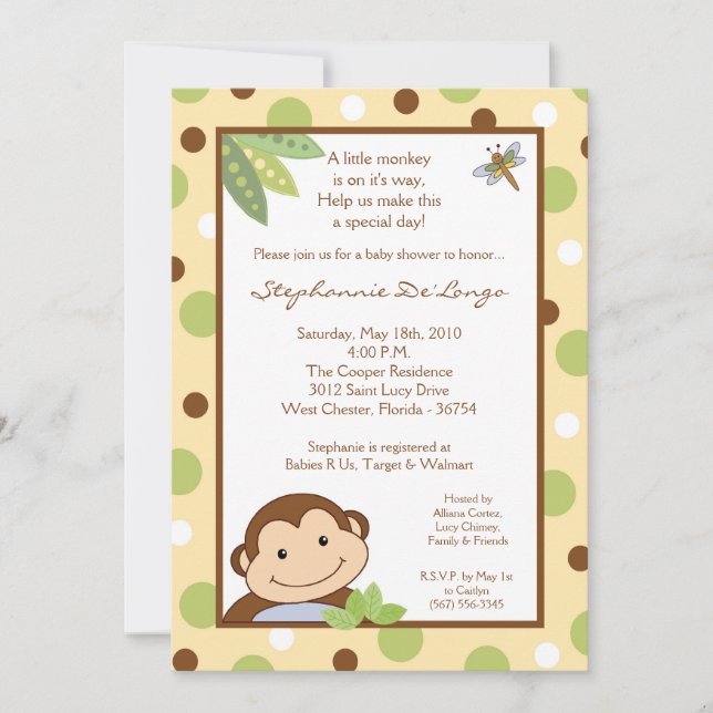 5x7 Papagayo Monkey Jungle Baby Shower Invitation (Front)