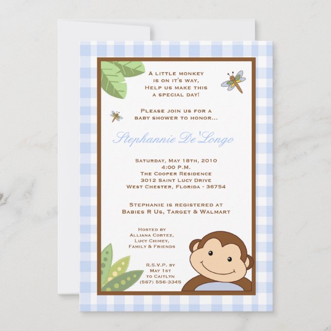 5x7 Papagayo Monkey Safari Baby Shower Invitation (Front)