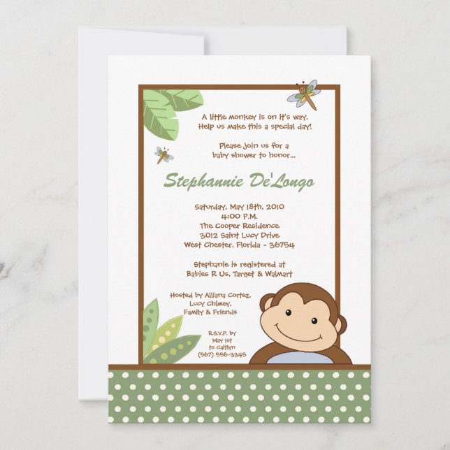 5x7 Papagayo Monkey Safari Baby Shower Invitation (Front)