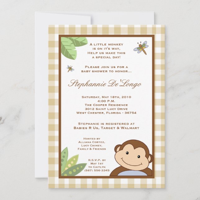 5x7 Papagayo Monkey Safari Baby Shower Invitation (Front)