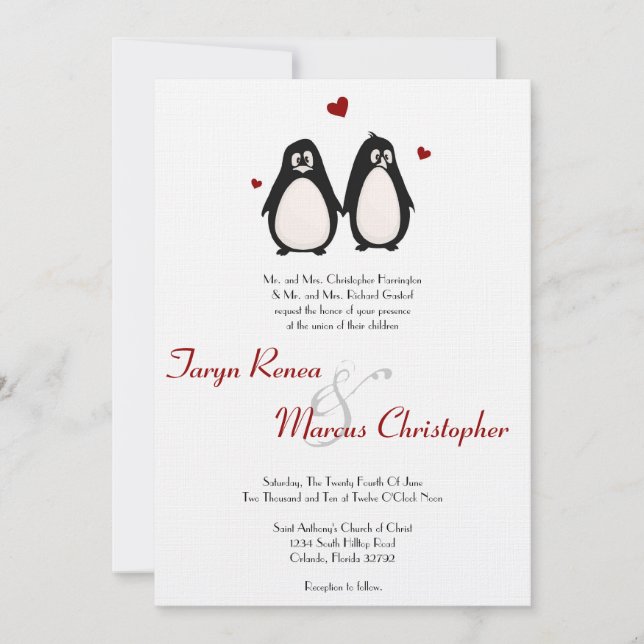 5x7 Penguin Love Couple Mate Wedding Invitation (Front)