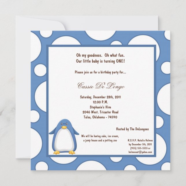 5x7 Penguin Pok-a-Dot Birthday Party Invite (Front)