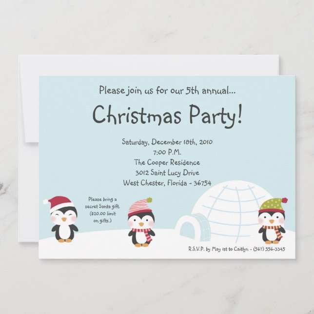 5x7 Penguins Igloo Christmas Party Invitation (Front)