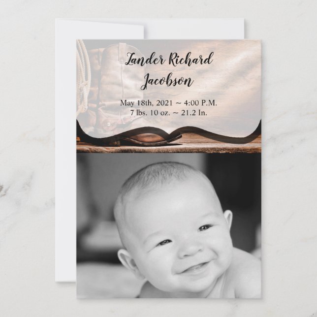 5x7 Photo Birth Announcement Army Cowboy Boots Bar (Front)