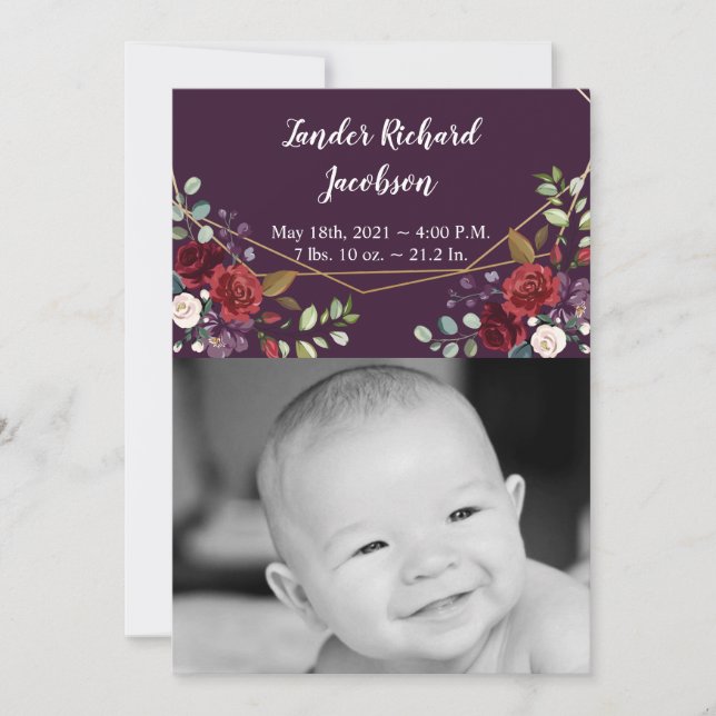 5x7 Photo Birth Announcement Army Plum Purple Rose (Front)