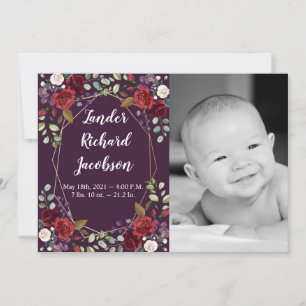 5x7 Photo Birth Announcement Army Plum Purple Rose