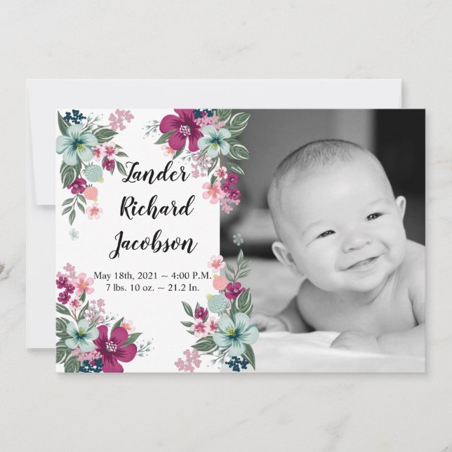 5x7 Photo Birth Announcement Army Tropical Flowers (Front)