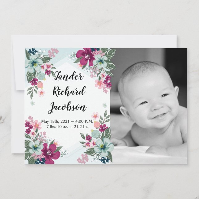 5x7 Photo Birth Announcement Army Tropical Flowers (Front)