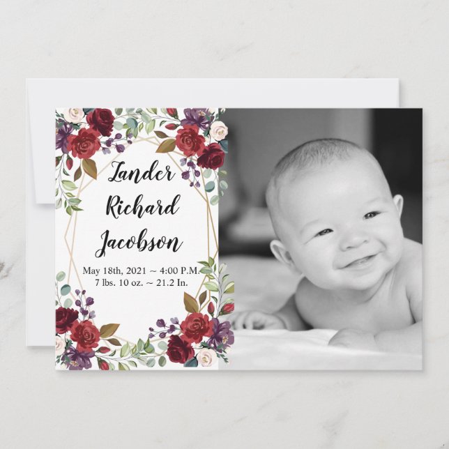 5x7 Photo Birth Announcement Army White Roses Gold (Front)