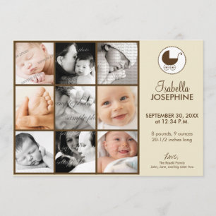 5x7 Photo Collage Taupe Baby Birth Announcement
