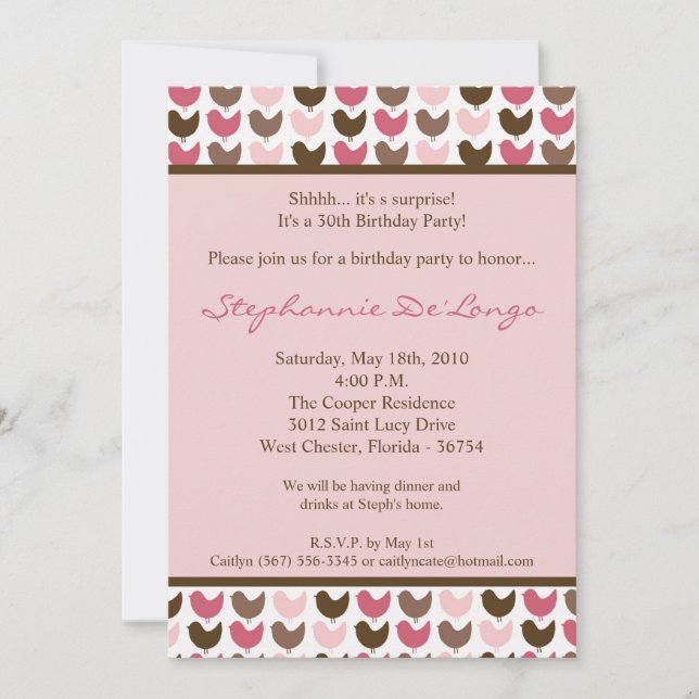5x7 Pink and Brown Bird Birthday Party Invitation (Front)