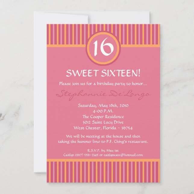5x7 Pink and Orange Striped 16 Birthday Invitation (Front)