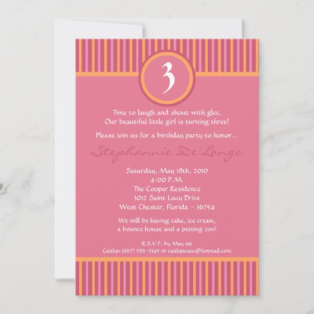 5x7 Pink and Orange Striped Birthday Invitation (Front)