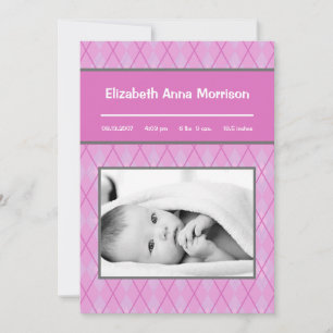 5x7 Pink Argyle Pattern Photo Birth Announcement