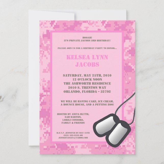 5x7 Pink ARMY Camo ACU Birthday Party Invitation (Front)