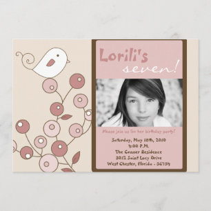 5x7 Pink Bird Photo Birthday Party Invitation