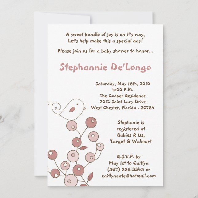 5x7 Pink Bird Retro Bush Baby Shower Invitation (Front)