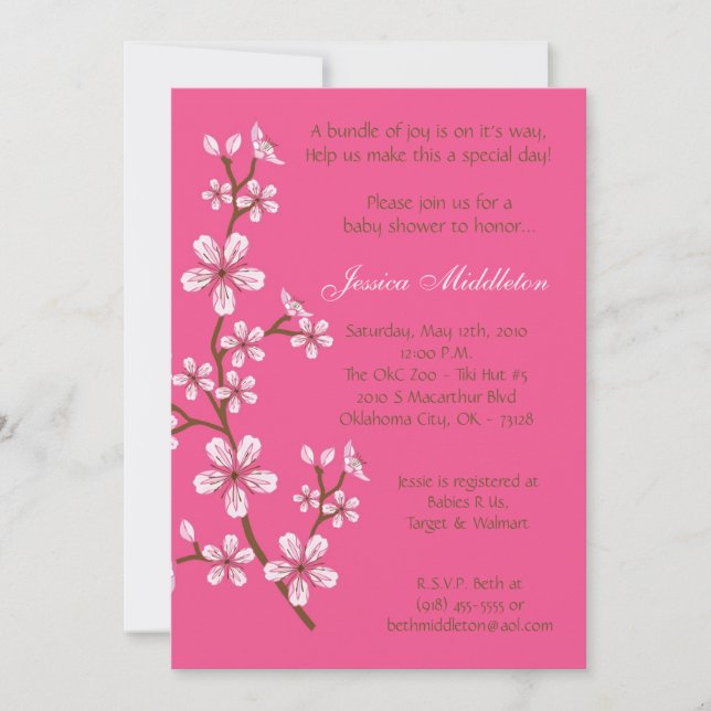 5x7 Pink Cherry Blossom Baby Shower Invitation (Front)