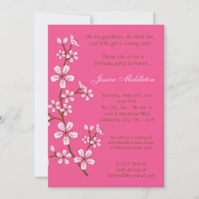 5x7 Pink Cherry Blossom Birthday Party Invitation (Front)