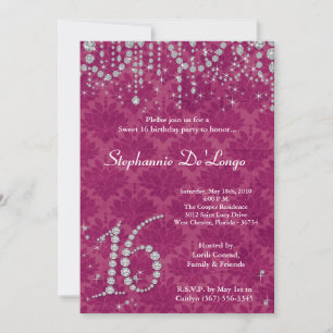 5x7 Pink Diamond Sweet 16 Birthday Invitation