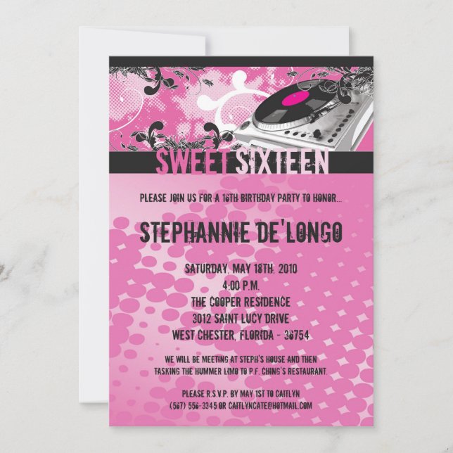 5x7 Pink DJ Spin Turntable16th Birthday Invitation (Front)
